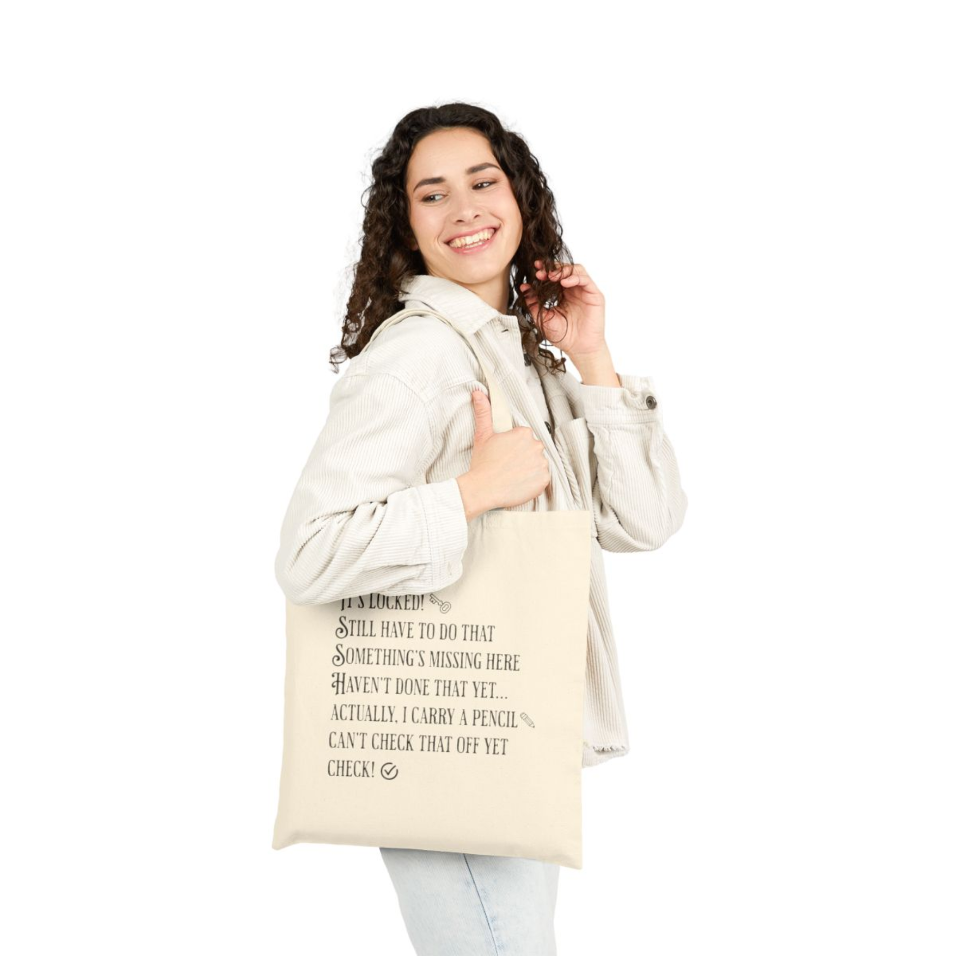 Woman holding a tote bag with text related to nancy Drew on a white background