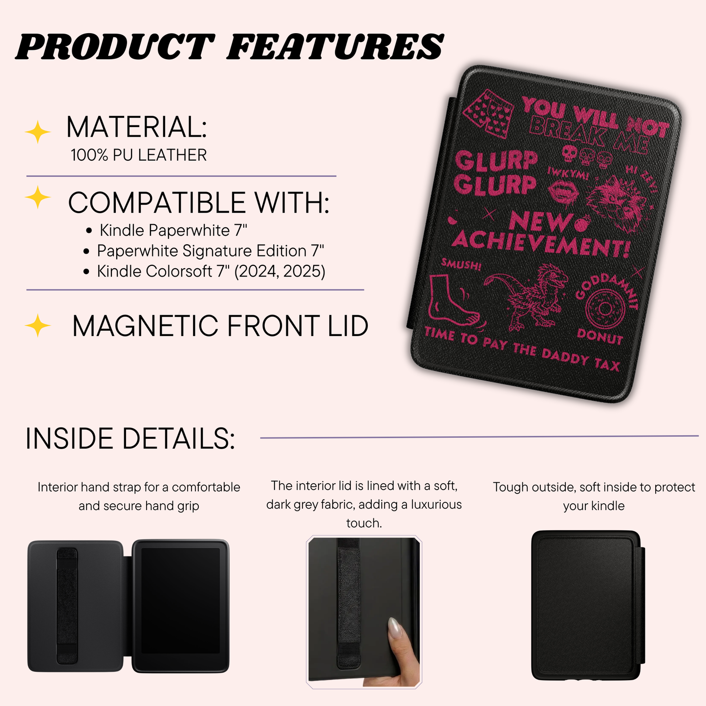 Product Features page - with material information and device compatibility.