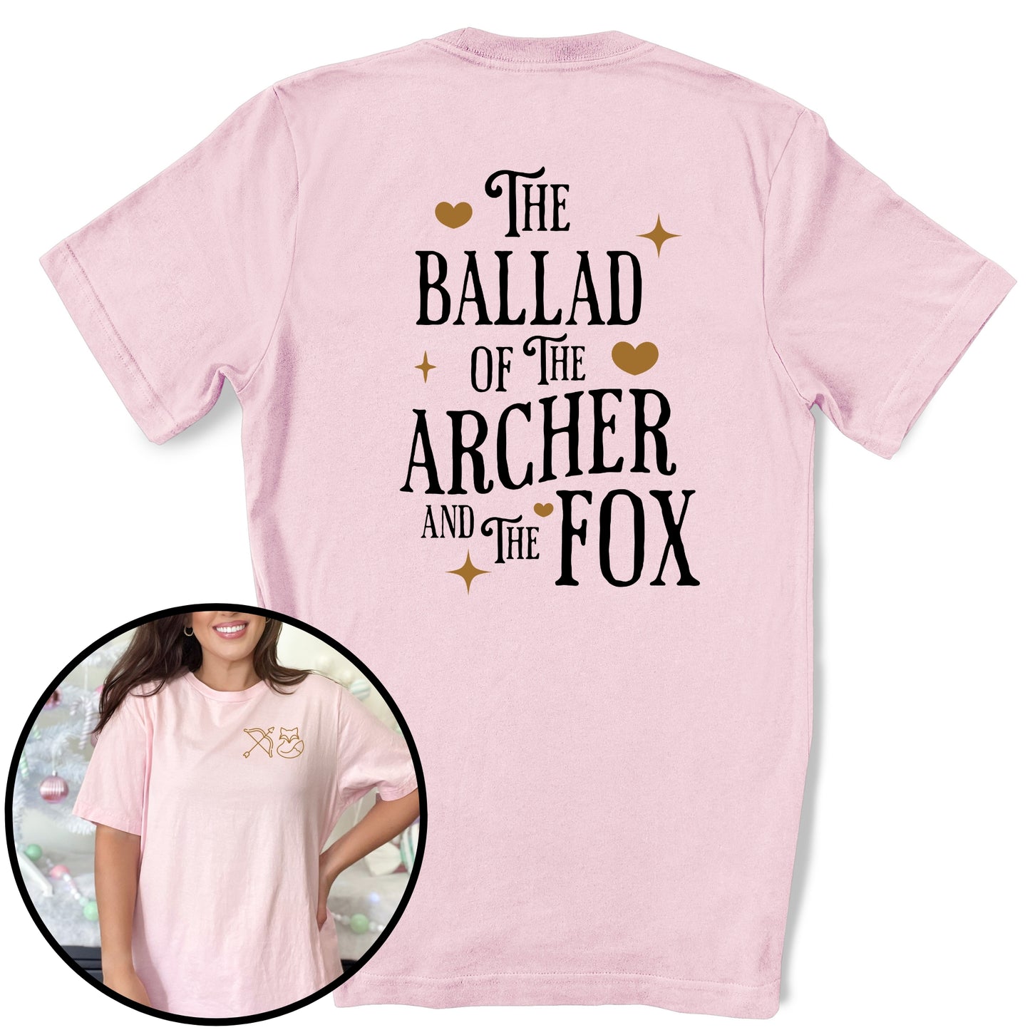 The Ballad of the Archer and the Fox Pink Front and Back design T-Shirt | Once upon a Broken Heart merch | Ink and Stories bookish merch Australia