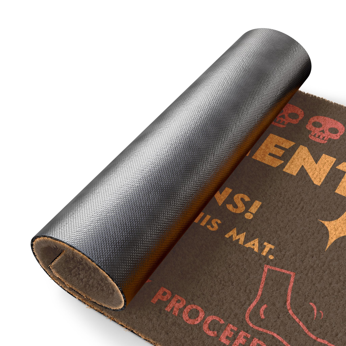 Rolled up dungeon crawler carl Coir black floor mat, showing the black vinyl backing.