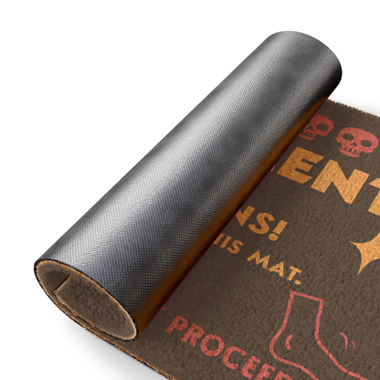 Rolled up dungeon crawler carl Coir black floor mat, showing the black vinyl backing.