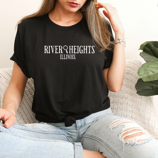 Black shirt that says "River Heights Illinois"