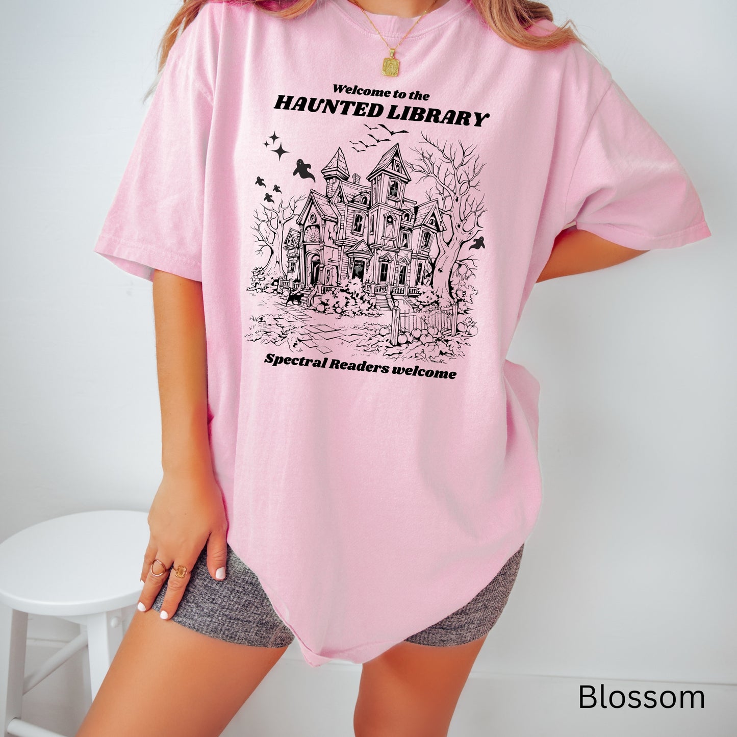 Haunted Library Comfort Colors Blossom pink colour TShirt | Starlit Prose bookish merch