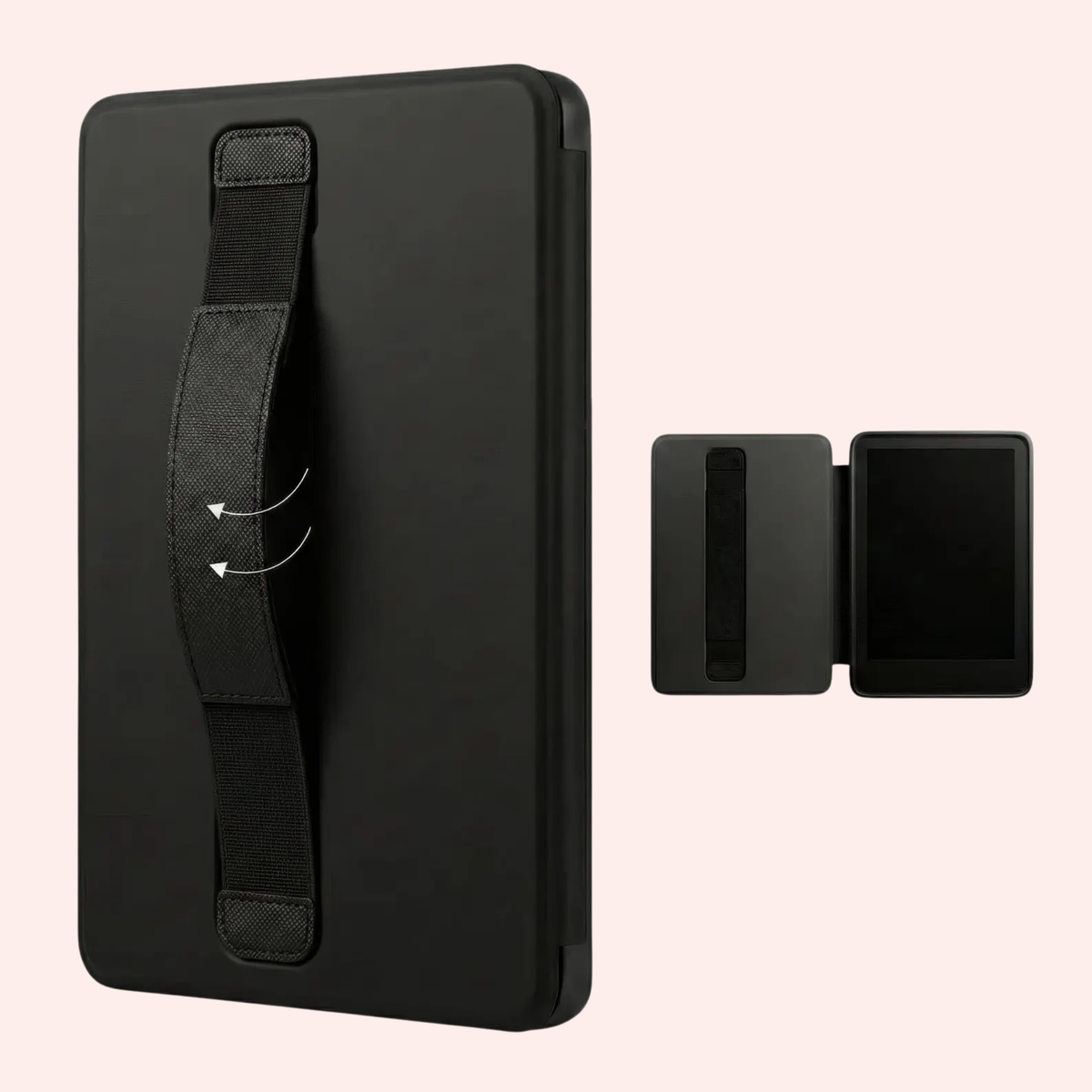 Photo highlighting the features of the kindle case, including the hand strap, and the magnetic closure for the on/off sleep function.