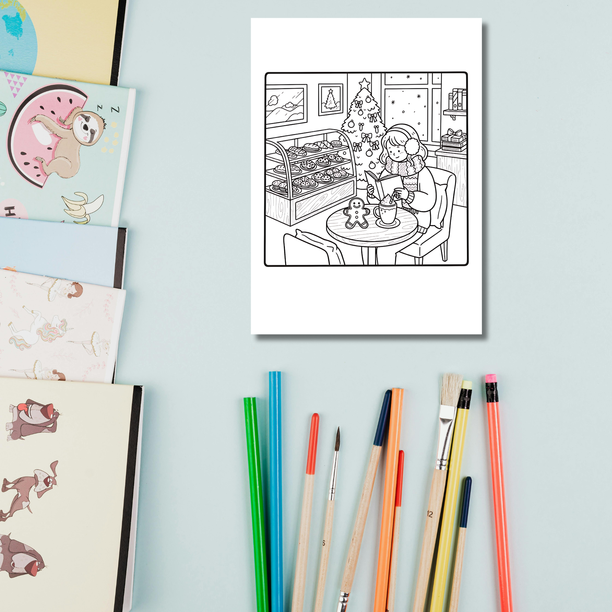 Coloring book with Christmas-themed illustration, markers, and coloring books on a light blue background