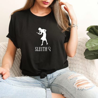 black shirt with a silhouette of nancy Drew that says "Sleuth"