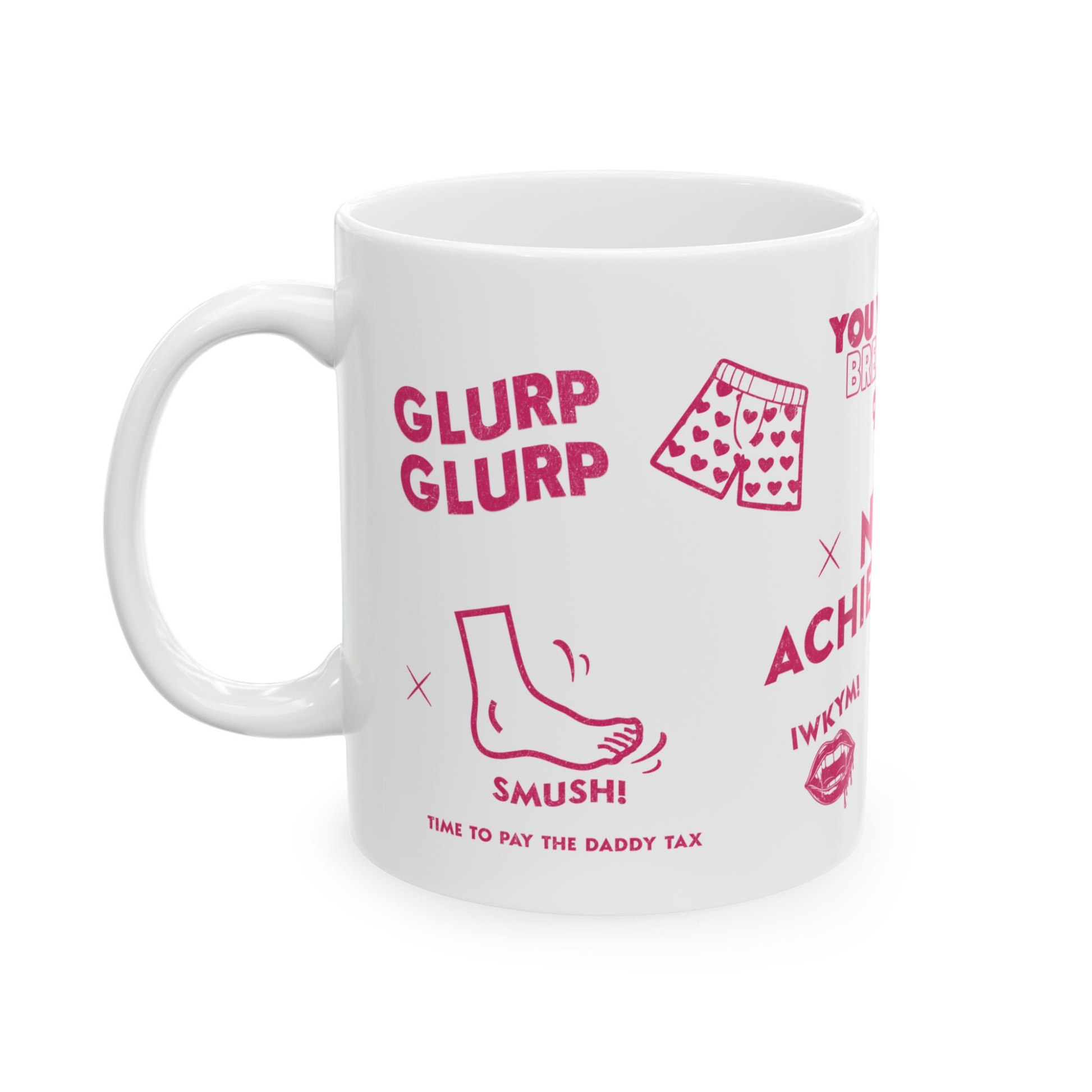 A white 12oz Dungeon Crawler Carl Mug with pink text and graphics of quotes from DCC | Starlit Prose Bookish Merch Australia