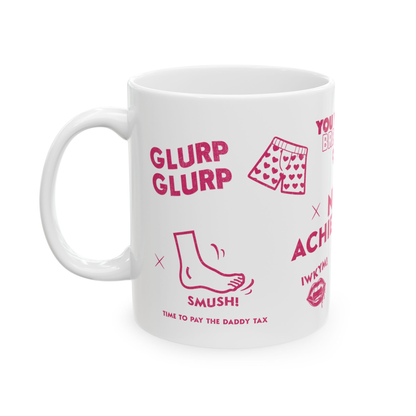 A white 12oz Dungeon Crawler Carl Mug with pink text and graphics of quotes from DCC | Starlit Prose Bookish Merch Australia