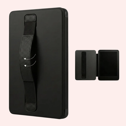 Photo highlighting the features of the red rising kindle case, including a hand strap on the back and magnetic closure for the on/off sleep function.