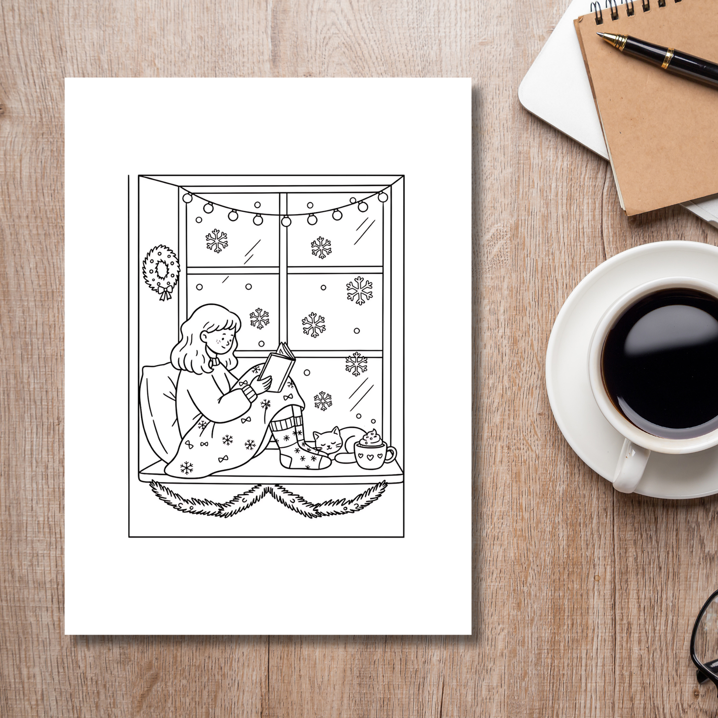Black and white illustration of a person reading a book by a window on a wooden table with a cup of coffee.