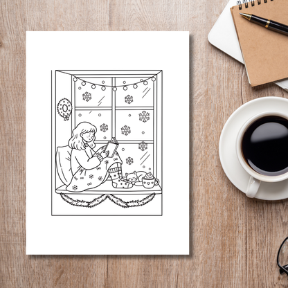 Black and white illustration of a person reading a book by a window on a wooden table with a cup of coffee.