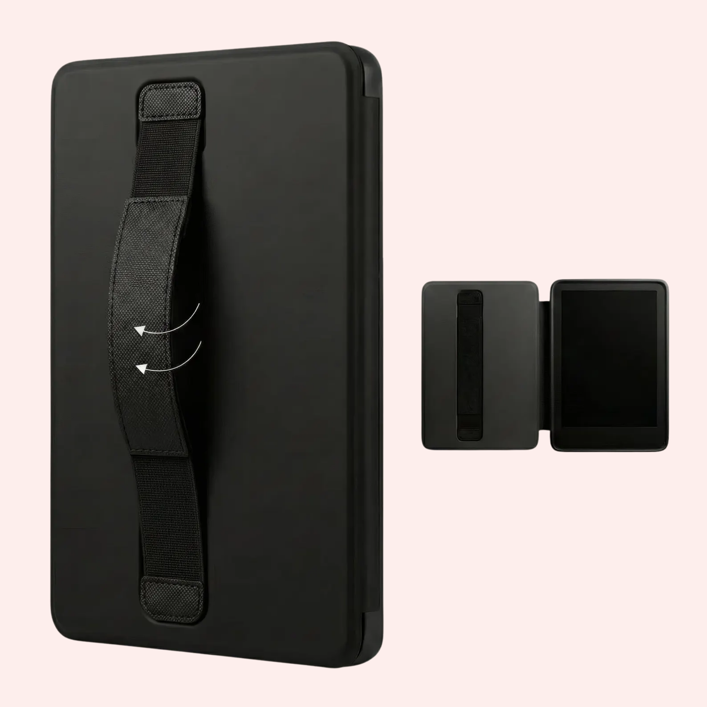 The features of the kindle case, including a hand strap and magnetic closure for automatic on/off.
