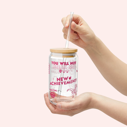 Dungeon Crawler Carl Glass Sipper Cup with quotes and imagery including Princess Donut, being held by a person. Starlit Prose Bookish Merch Australia