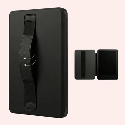 Product features photo including the magnetic closure for automatic on/off, and the hand strap for ease of use.