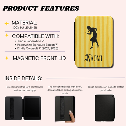A product features infographic for a personalized Kindle folio case. The product is shown in a yellow striped design with a black silhouette of a Nancy Drew and a custom name. 