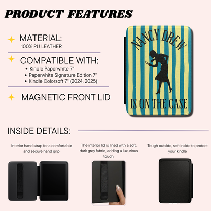 Product features infographic for a Kindle case with a blue and yellow striped cover featuring a vintage Nancy Drew illustration and text. The graphic details include material (100% PU leather), compatibility with Kindle Paperwhite 7, Paperwhite Signature Edition 7, and Kindle Colorsoft 7, and magnetic front lid.