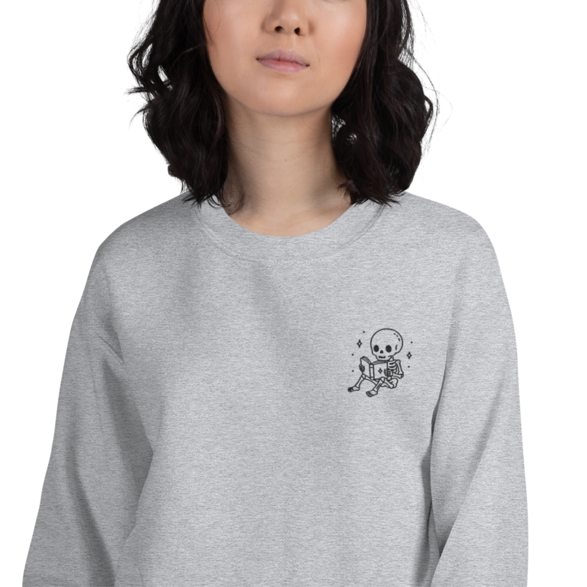 Cute Embroidered Skeleton Reading Sweatshirt