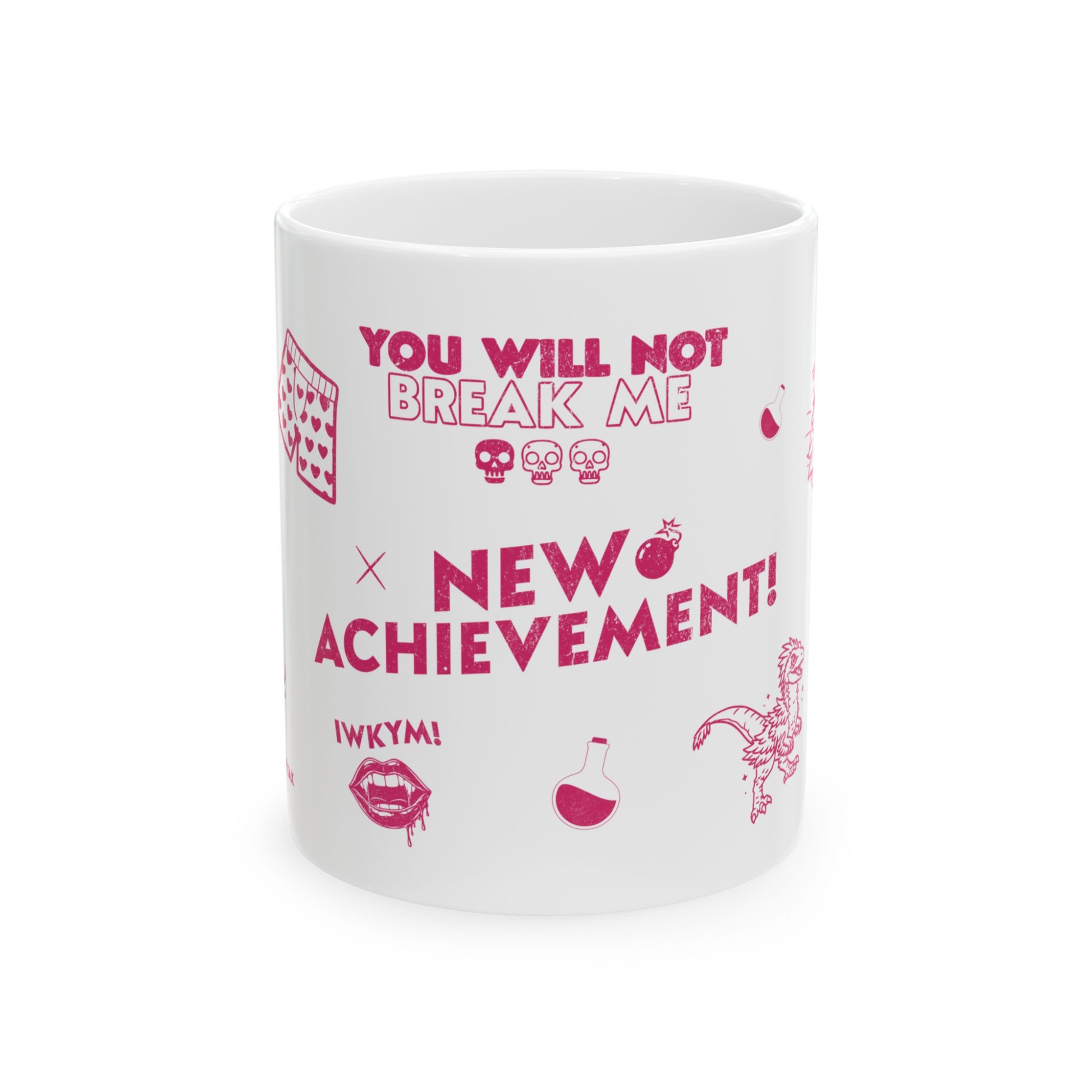 A white 12 oz Dungeon Crawler Carl Mug with pink text and graphics of quotes from DCC | Starlit Prose Bookish Merch Australia