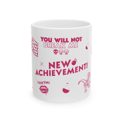 A white 12 oz Dungeon Crawler Carl Mug with pink text and graphics of quotes from DCC | Starlit Prose Bookish Merch Australia