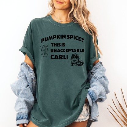 A woman wearing a Seafoam green Comfort Colors t-shirt with the text 'PUMPKIN SPICE? THIS IS UNACCEPTABLE CARL!' and a pumpkin spice latte, with Princess Donut  illustration. Designed by Starlit Prose Bookish merch Australia