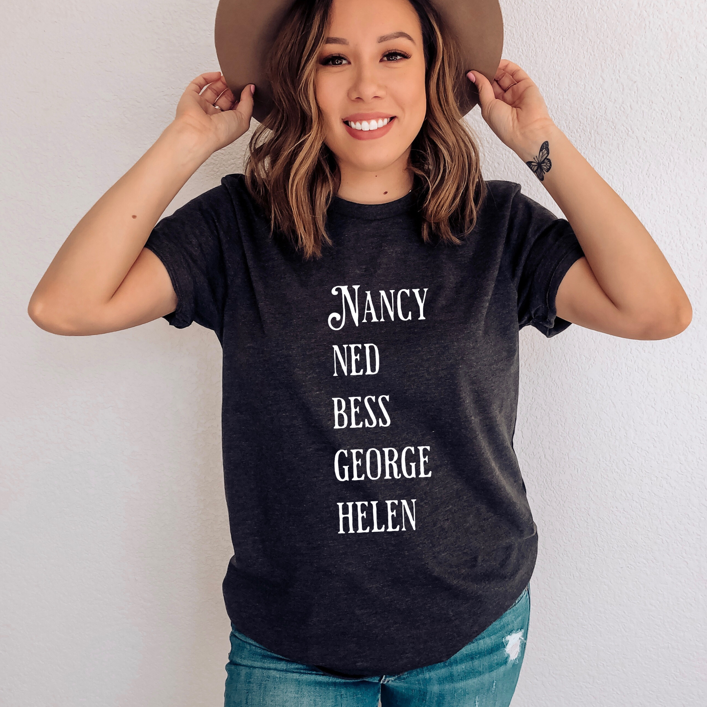 dark grey heather shirt with the names of The Clue Crew