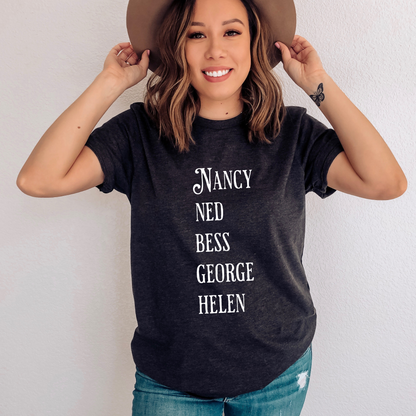 dark grey heather shirt with the names of The Clue Crew