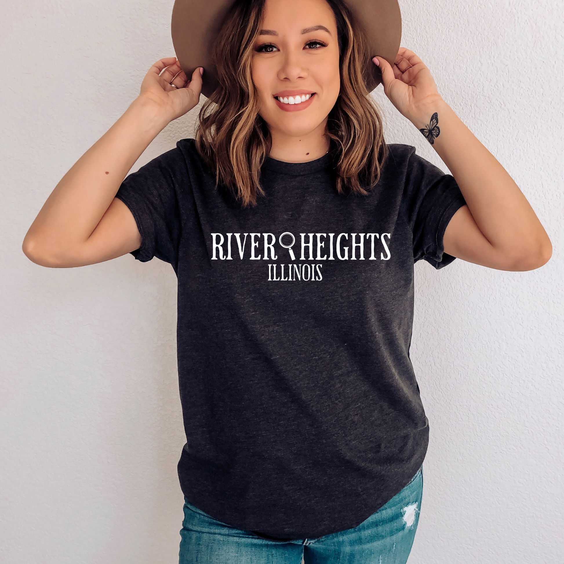 dark grey heather shirt that says "River Heights Illinois"