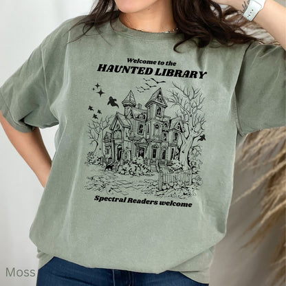 Haunted Library Comfort Colors Moss green colour TShirt | Starlit Prose bookish merch