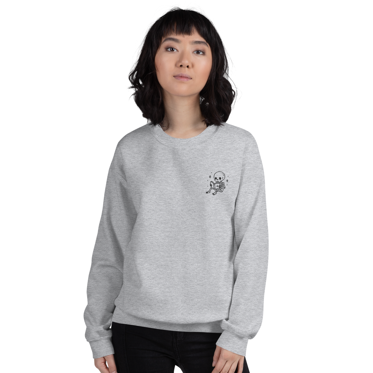 Cute Embroidered Skeleton Reading Sweatshirt