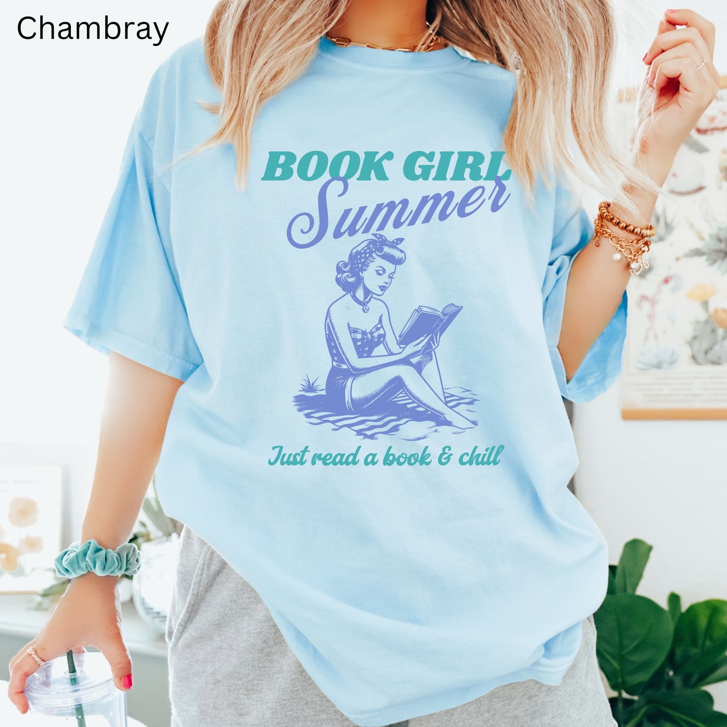 Book Girl Summer Chambray Blue Comfort Colors T-Shirt | Starlit Prose bookish merch