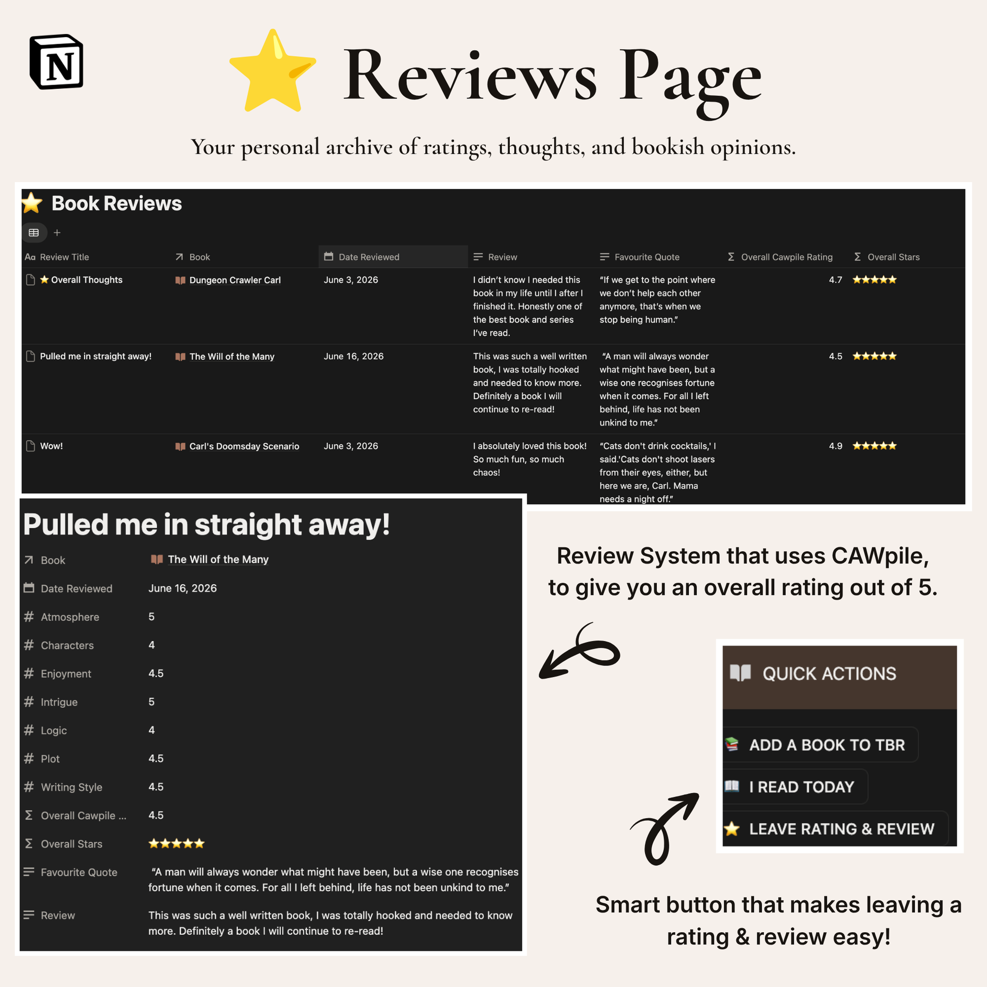 Notion Digital Reading Journal Book Reviews Page