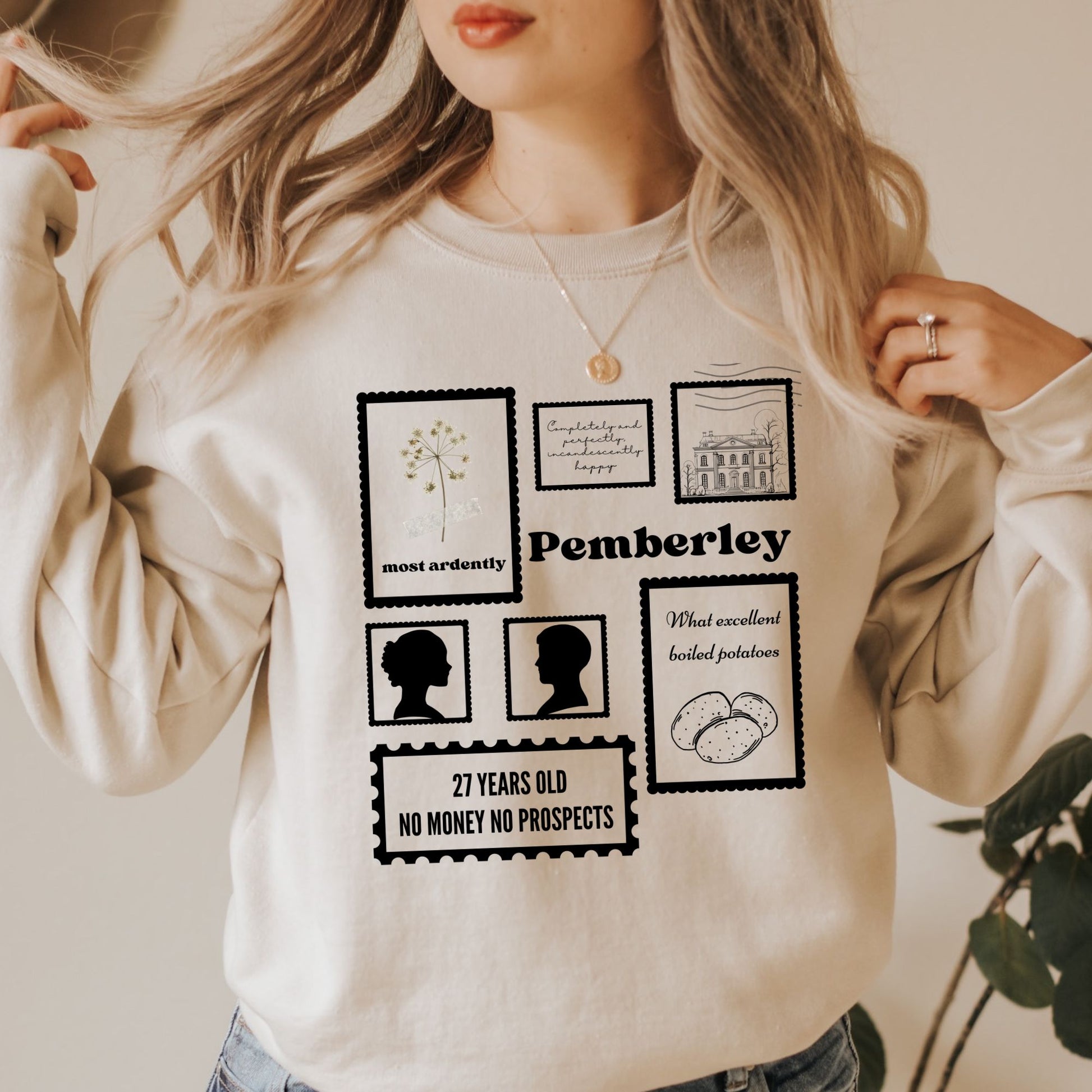 Pride and Prejudice Stamp Collection Sand Sweatshirt | Jane Austen | Starlit Prose bookish merch