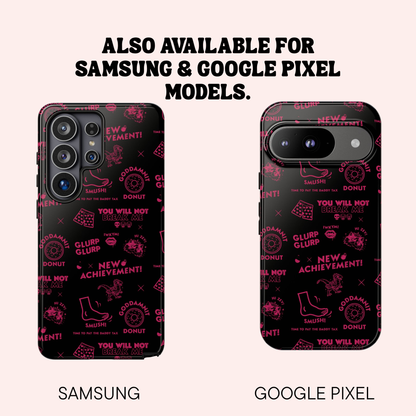 Two phone cases with a pink text pattern on a black background, labeled for Samsung and Google Pixel models.