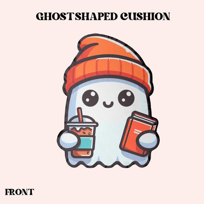 A mock up of the front of our Cute Bookish Ghost Shaped Cushion 