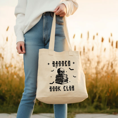 Woman holding Banned Book Club Tote Bag| Bookish Halloween | Ink & Stories Bookish Merch Australia