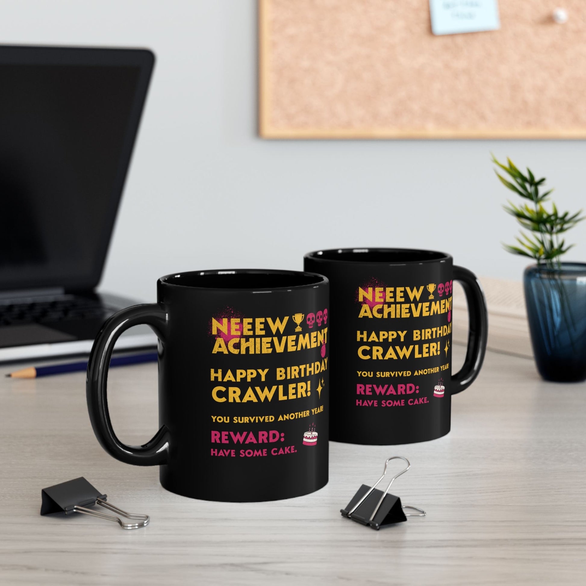 Two black 12oz Dungeon Crawler Carl New Achievement Birthday Mug | Starlit Prose Bookish merch Australia