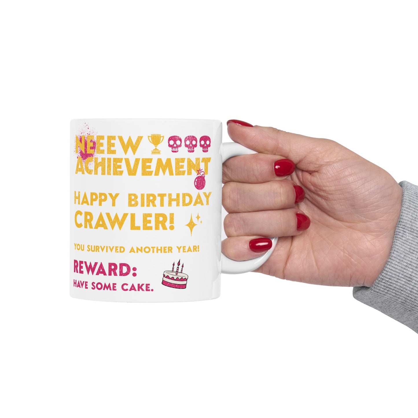 Person holding a White 12oz Dungeon Crawler Carl New Achievement Birthday Mug | Starlit Prose Bookish merch Australia