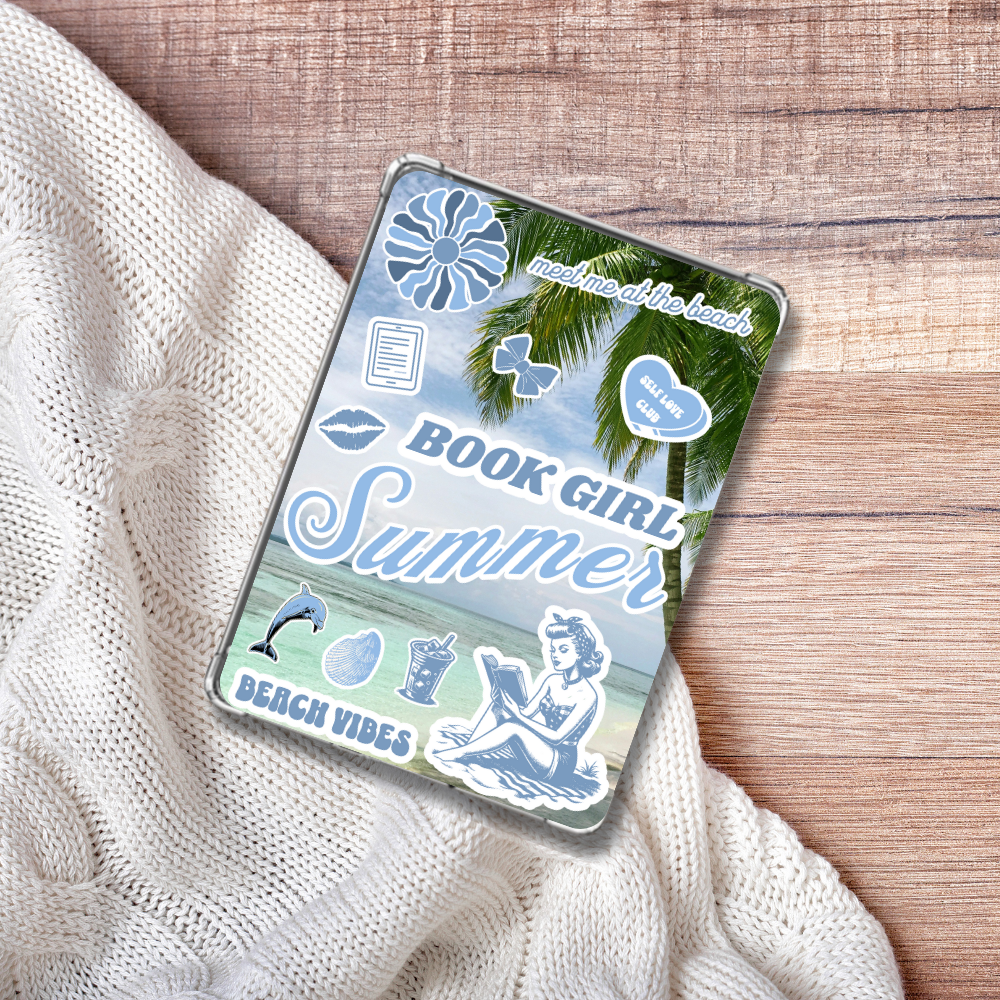 Book Girl Summer Kindle Insert for Clear Case on a white blanket