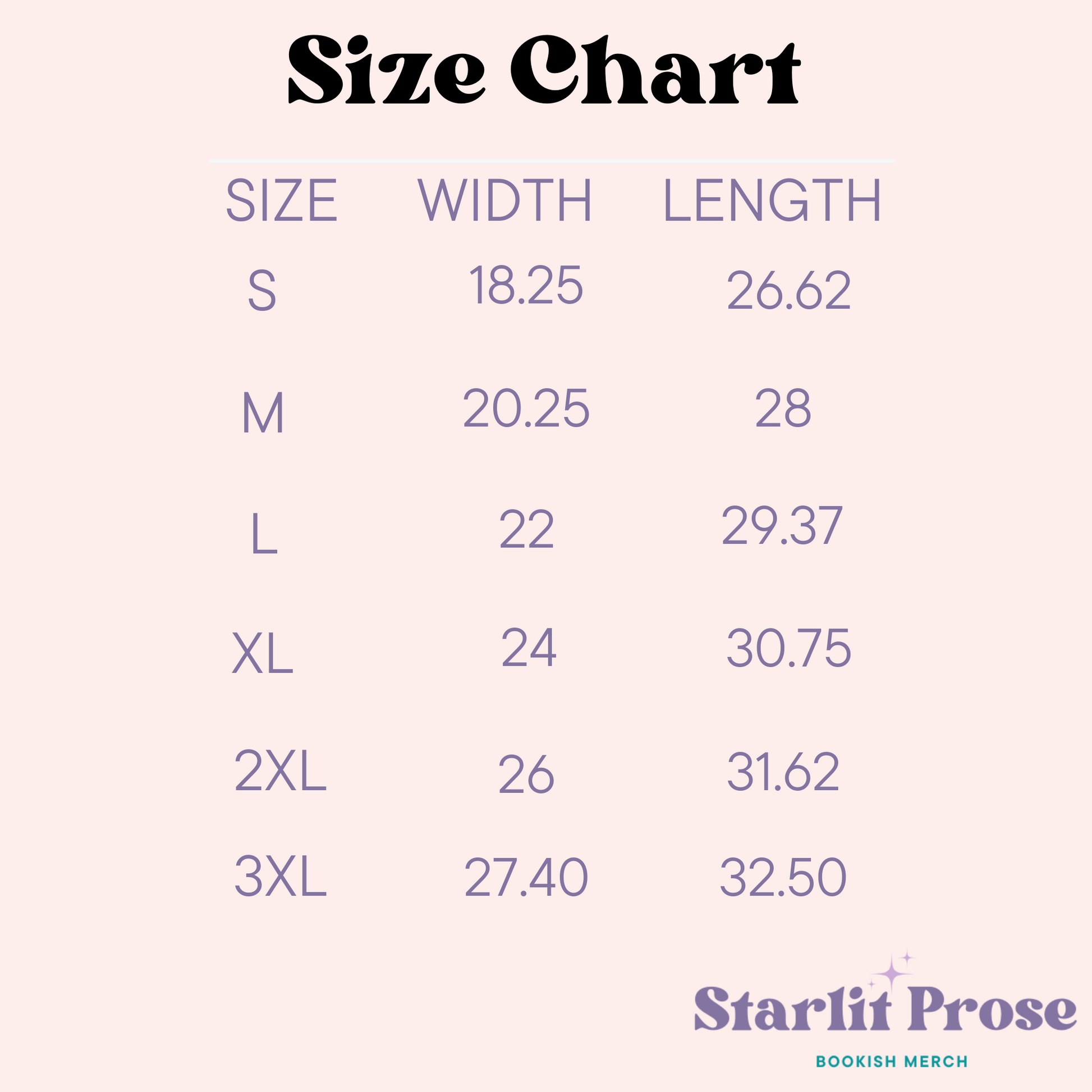 Comfort Colors Size Guide | Starlit Prose bookish merch