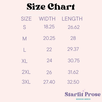 Comfort Colors Size Guide | Starlit Prose bookish merch