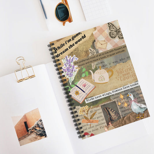 A whimsical cottagecore-inspired bookish notebook featuring a charming goose, junk journal designs with book lover quotes, a tea pot, open book, flowers and a dreamy, storybook feel. Designed by Starlit Prose Bookish Merch Australia.
