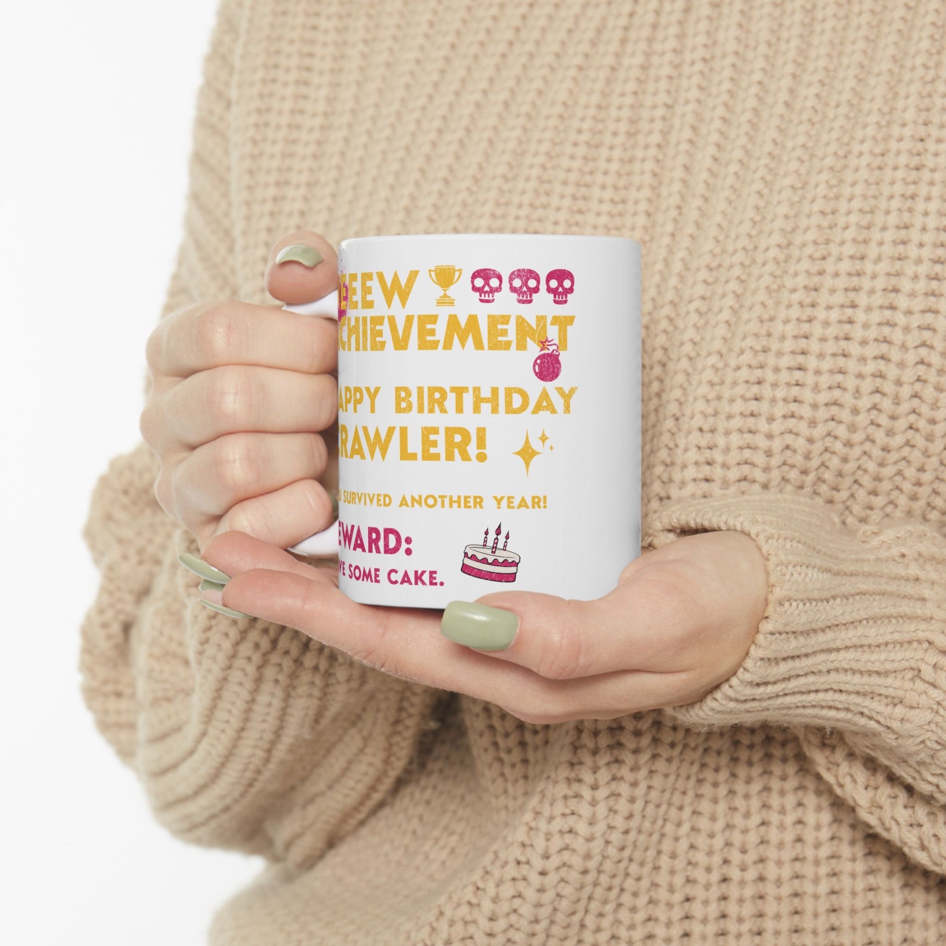 Person holding a White 12oz Dungeon Crawler Carl New Achievement Birthday Mug | Starlit Prose Bookish merch Australia