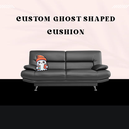 A mock up of our Cute Bookish Ghost Shaped Cushion on a black sofa 