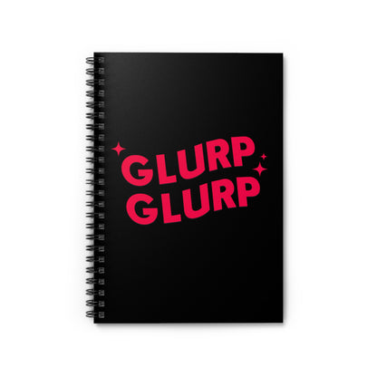 A black Dungeon Crawler Carl bookish spiral notebook, it has red text that says "Glurp Glurp" bold with some accent stars. Designed by Starl