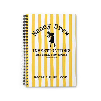 Bookish Notebook design features a cheerful yellow and white striped background with a Nancy Drew Investigations theme and a personalised section where you can add the recipient's name. It includes an icon of Nancy Drew with her magnifying glass. Designed by Starlit Prose Bookish Merch Australia.