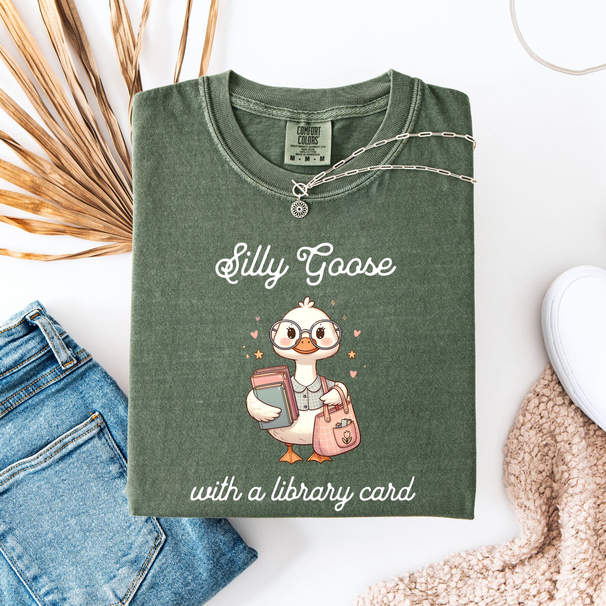 Silly Goose with a Library Card Moss Comfort Colors Bookish Shirt | Starlit Prose Bookish Merch Australia