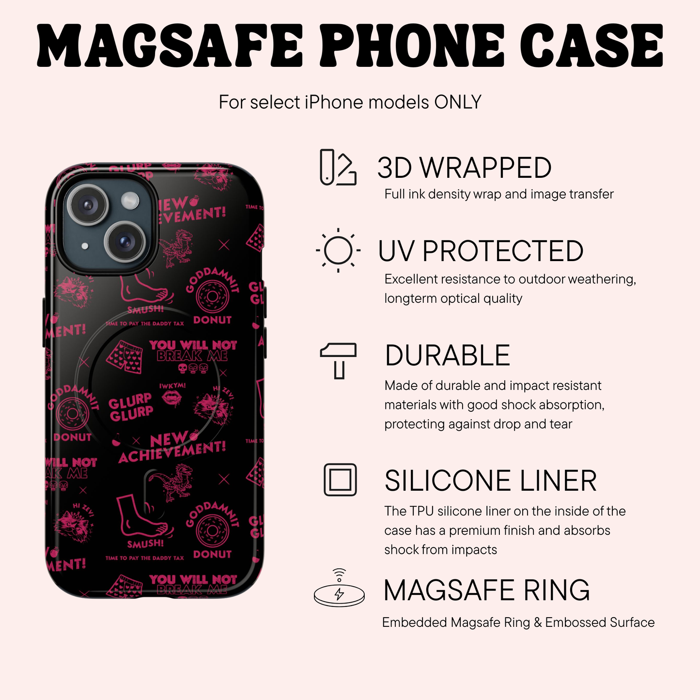 Magsafe phone case with features listed including UV protected, silicone liner, magsafe ring on a white background