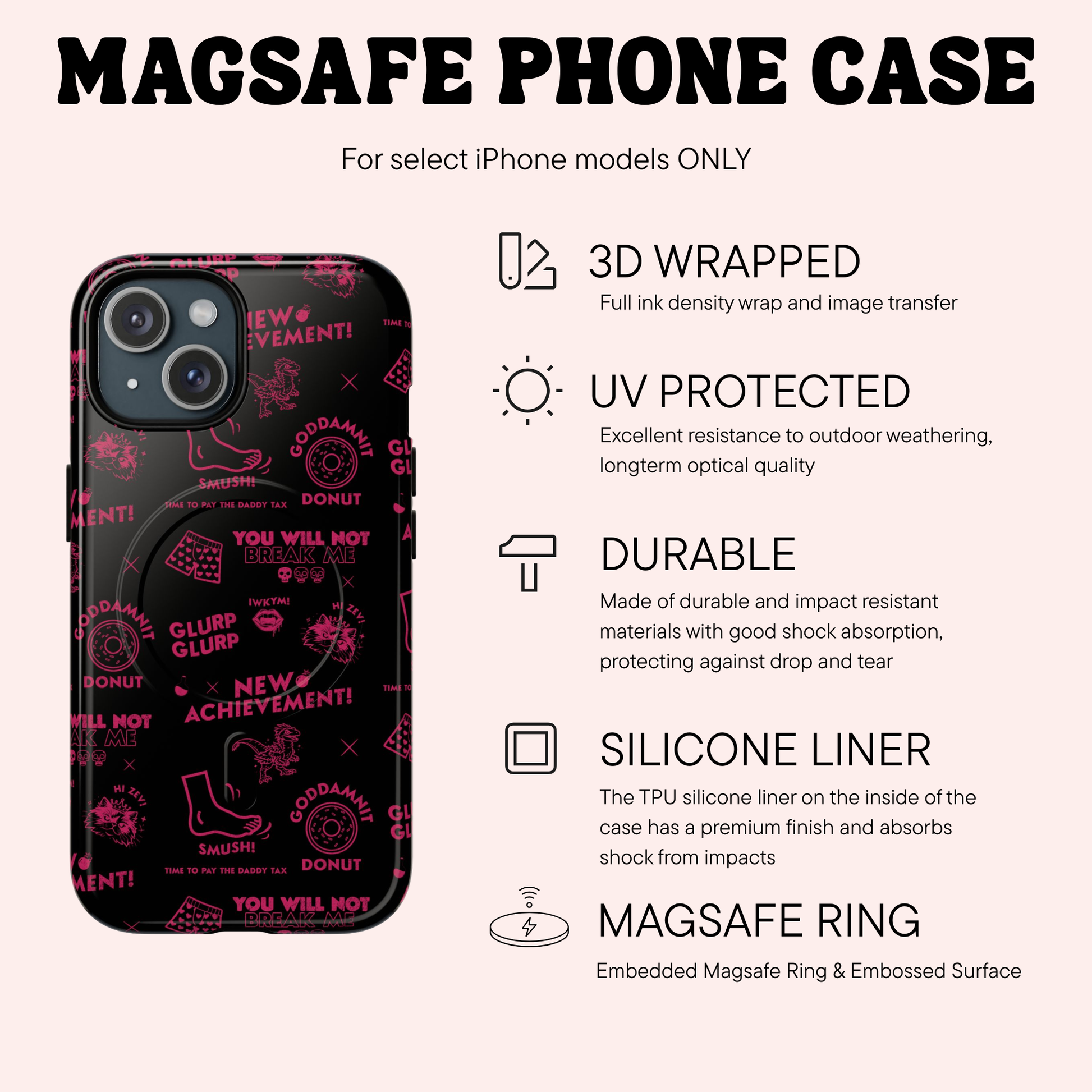 Magsafe phone case with features listed including UV protected, silicone liner, magsafe ring on a white background