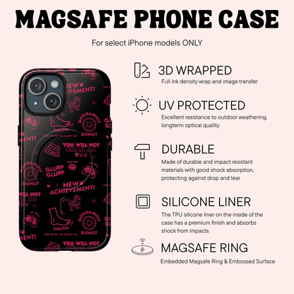 Magsafe phone case with features listed including UV protected, silicone liner, magsafe ring on a white background