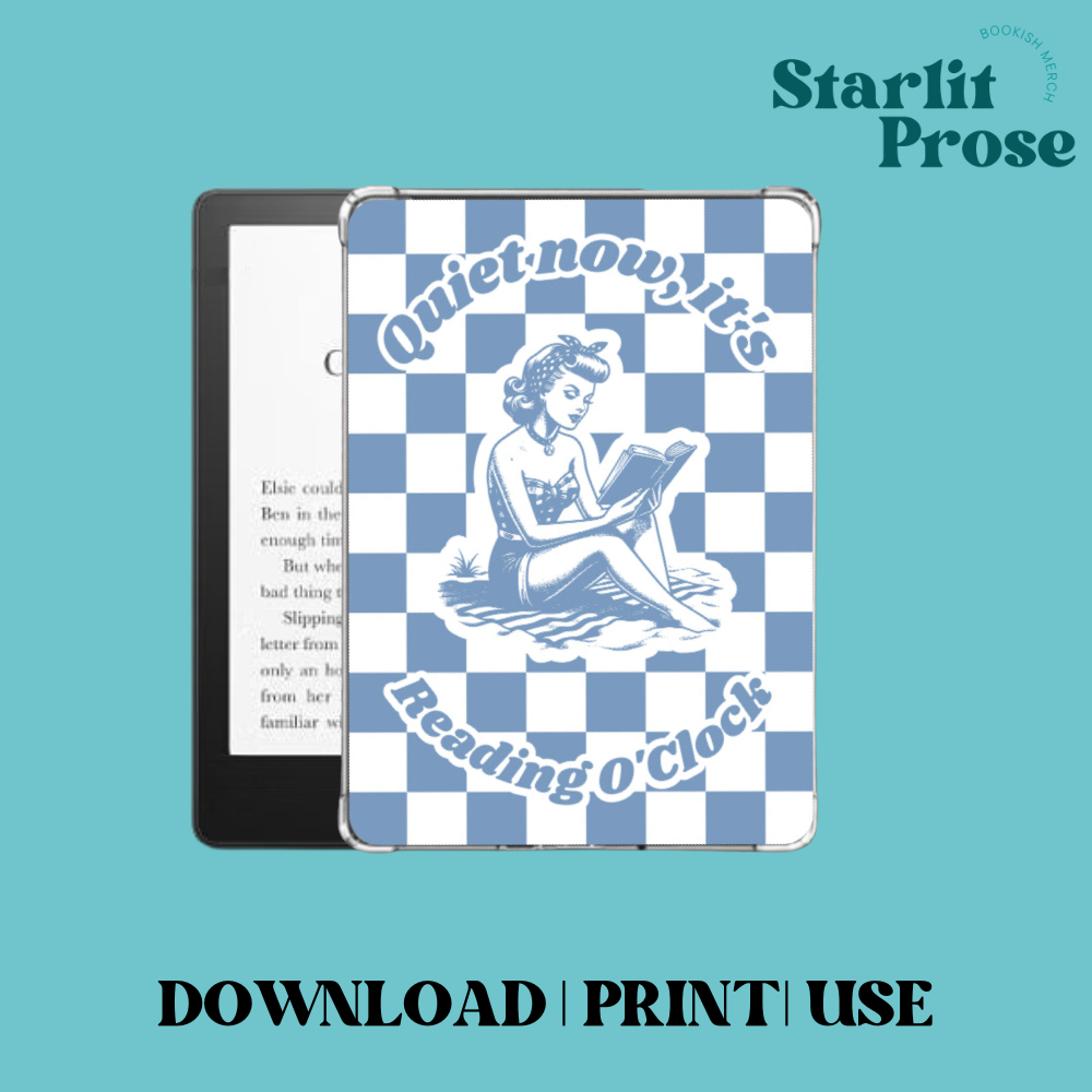 Mockup of the blue Retro Summer Beach reading Kindle insert.